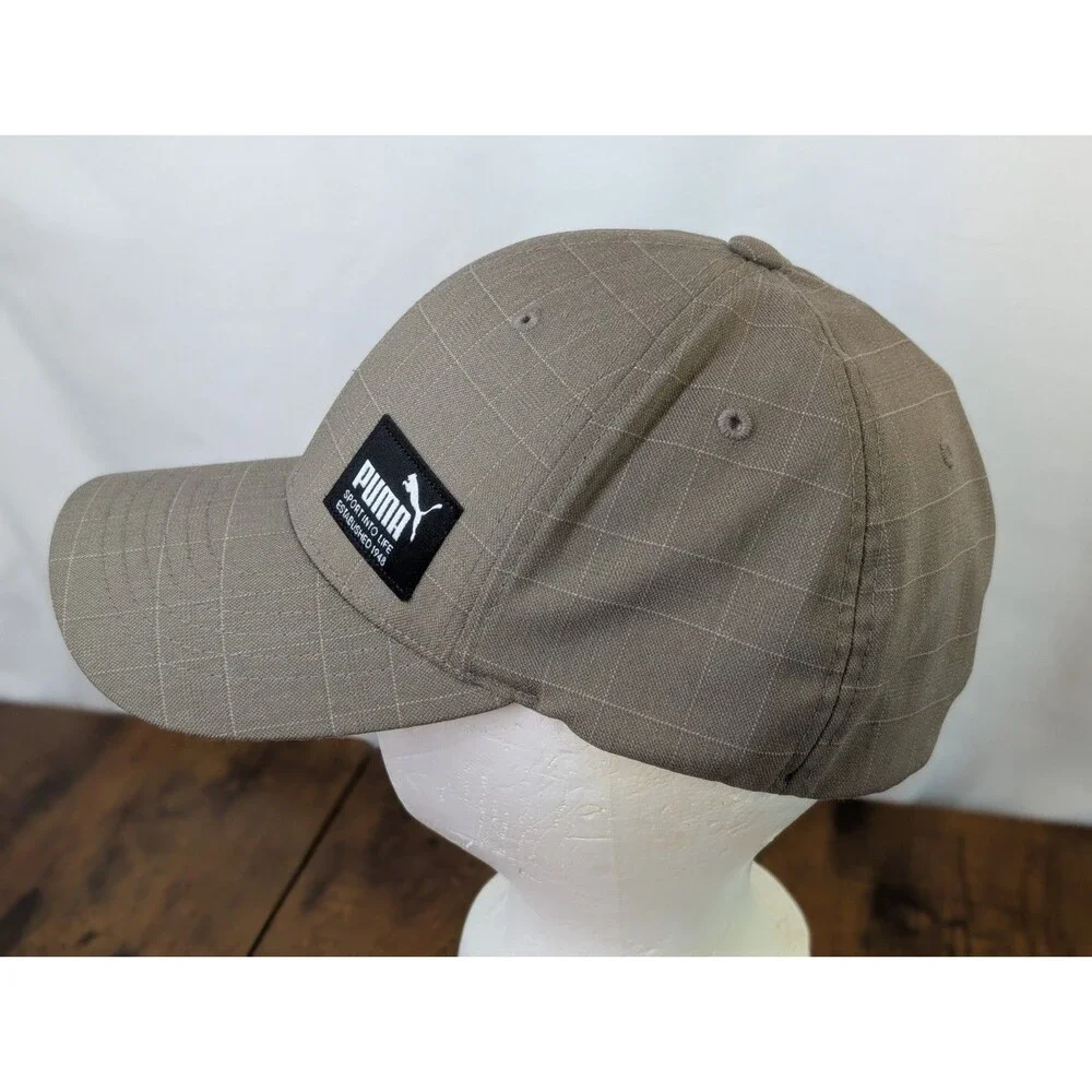 PUMA Grid Pattern Ripstop Baseball Cap Hat L/XL Gray Taupe Retro Patch Stretch